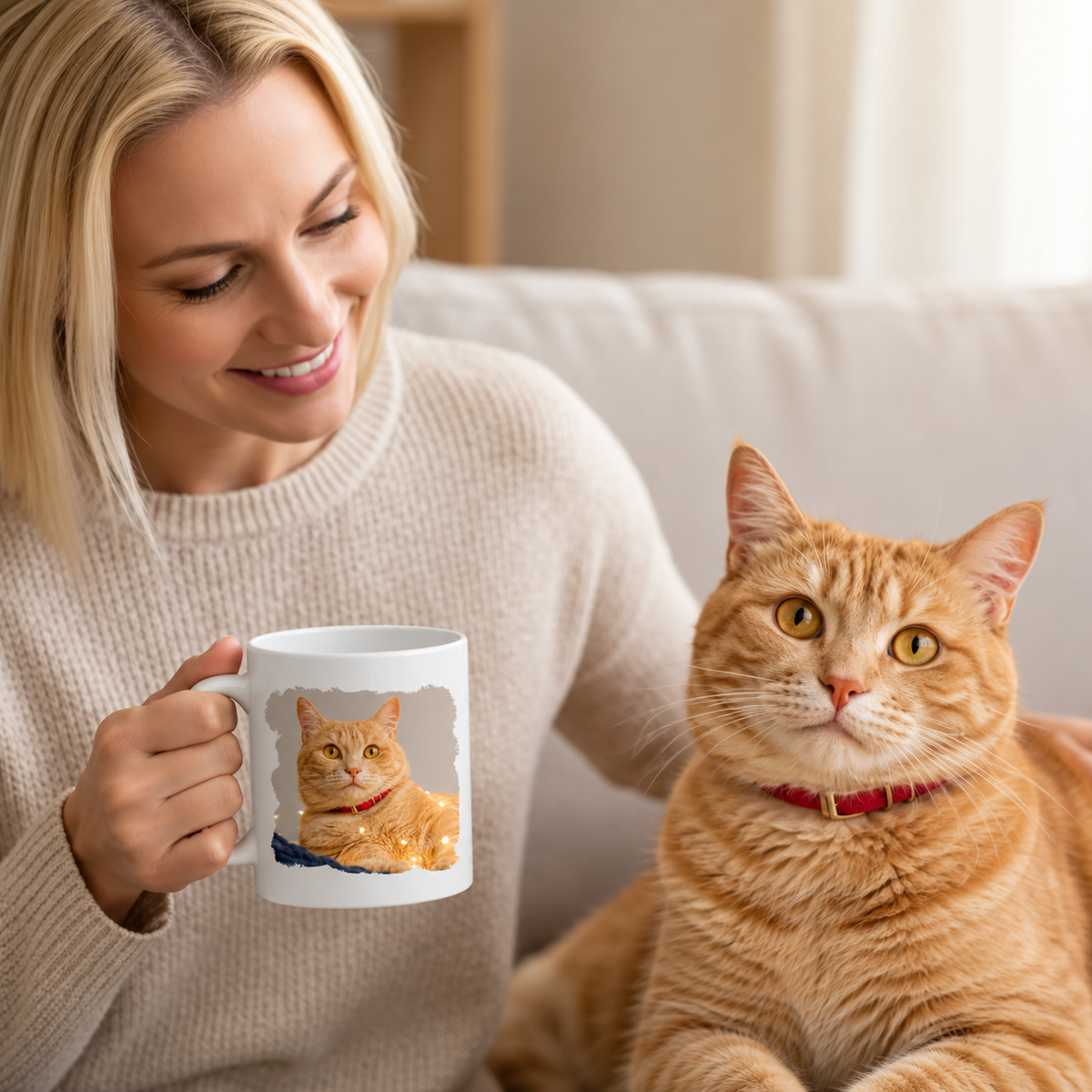 Person hält eine personalisierte Tasse mit Katzenmotiv, sitzt neben einer orangefarbenen Katze auf dem Sofa.