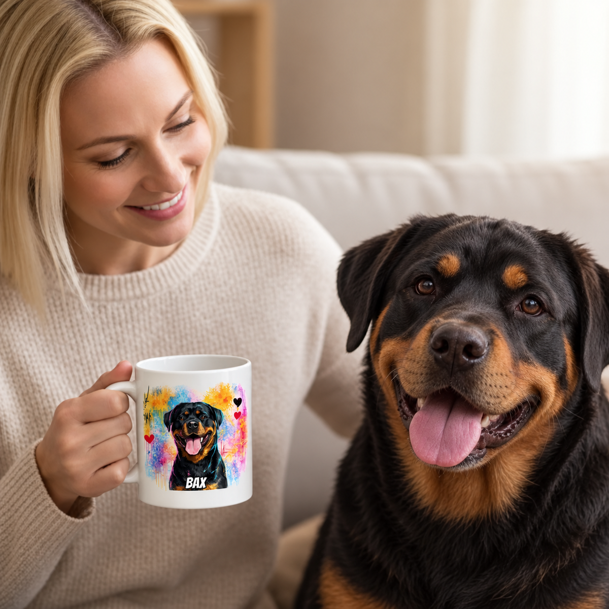 Personalisierte weiße Tasse mit graffitihafter Hundeillustration und bunten Farben, gehalten von einer Frau.