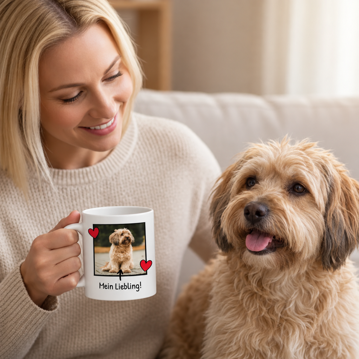 Person hält eine personalisierte Tasse mit Hundebild und Text, sitzend auf einem Sofa mit Hund daneben.