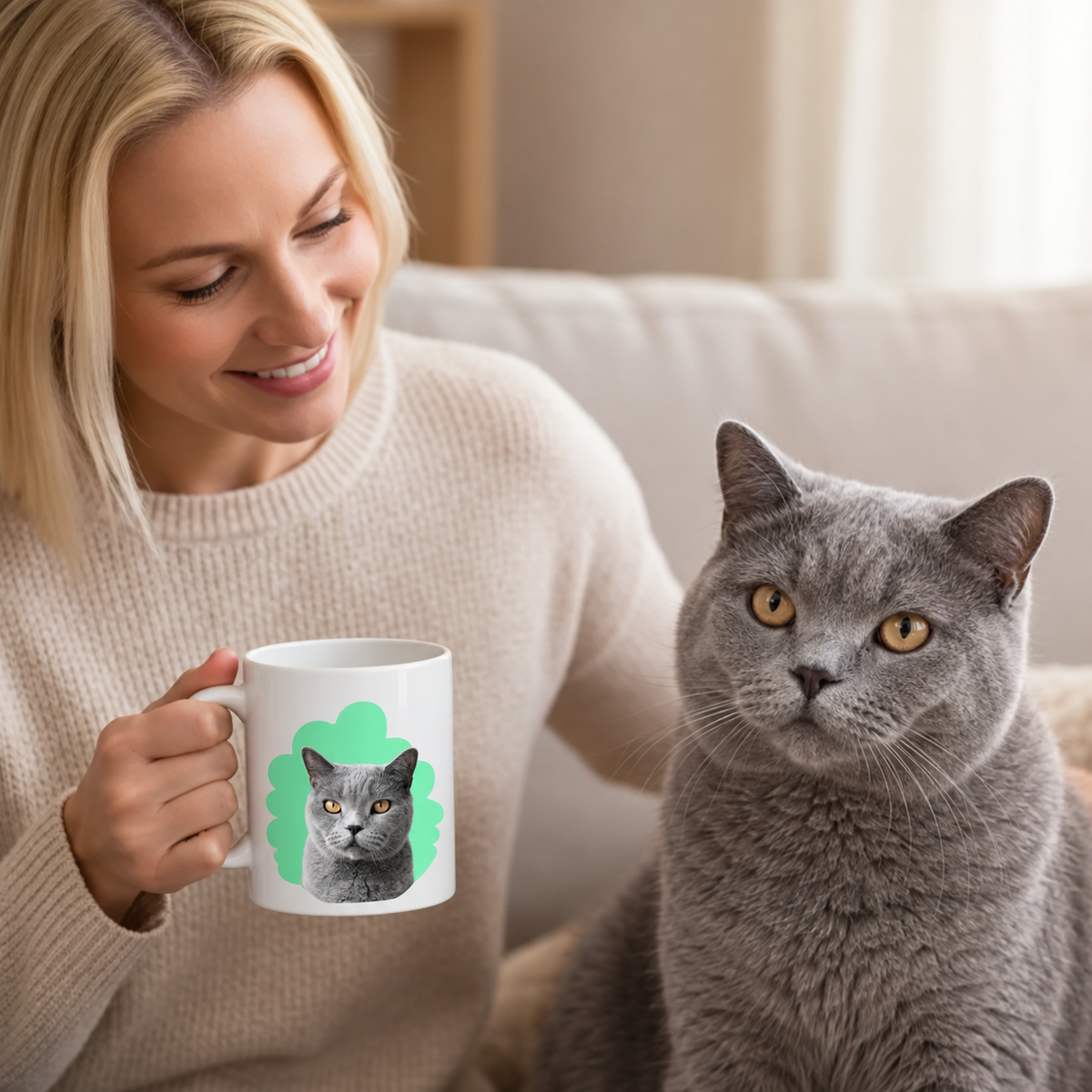 Person mit personalisierter Tasse und Haustierportrait einer grauen Katze, sitzend auf einer Couch.