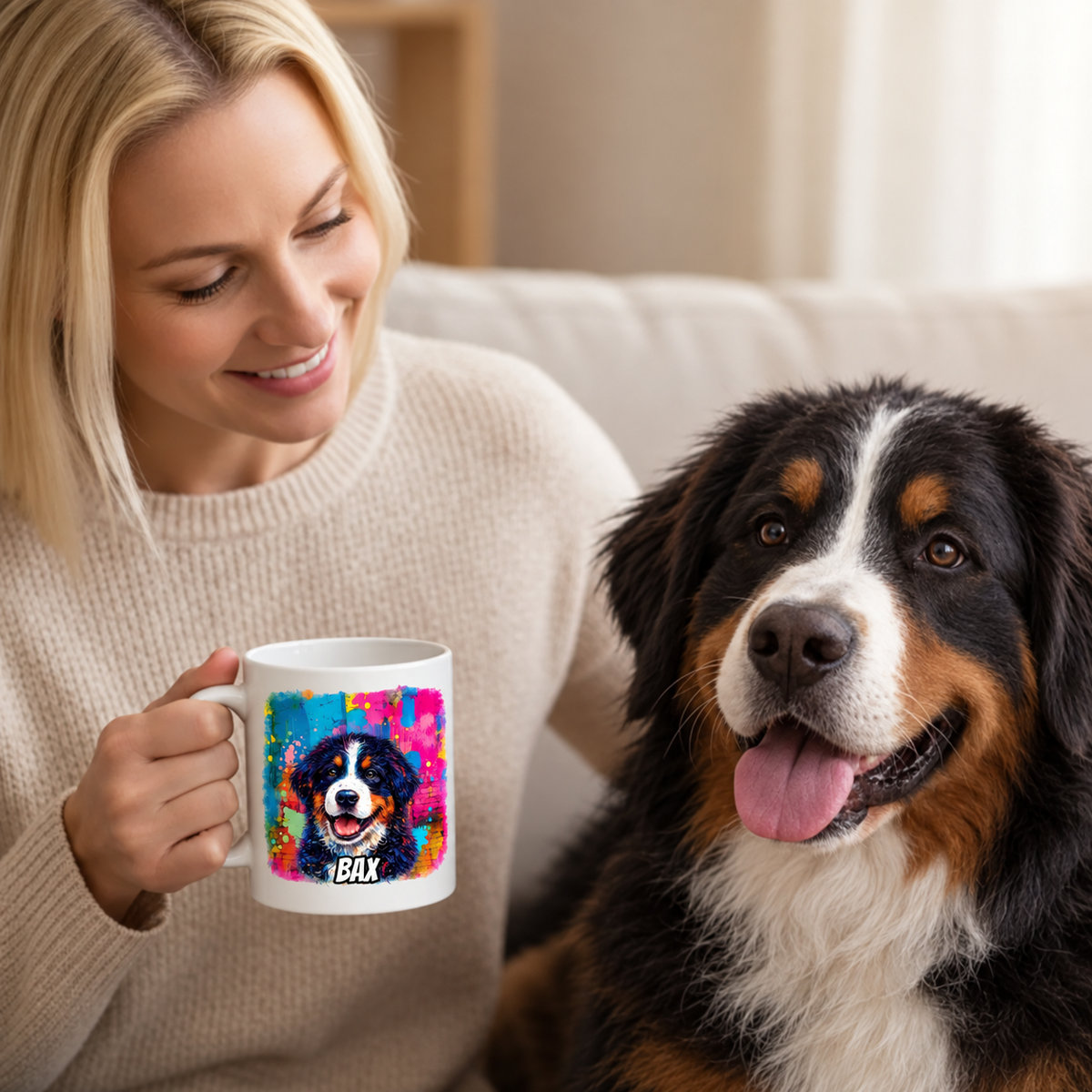 Personalisierte Tasse mit Graffiti-Druck eines Hundes, gehalten von einer lächelnden Frau.