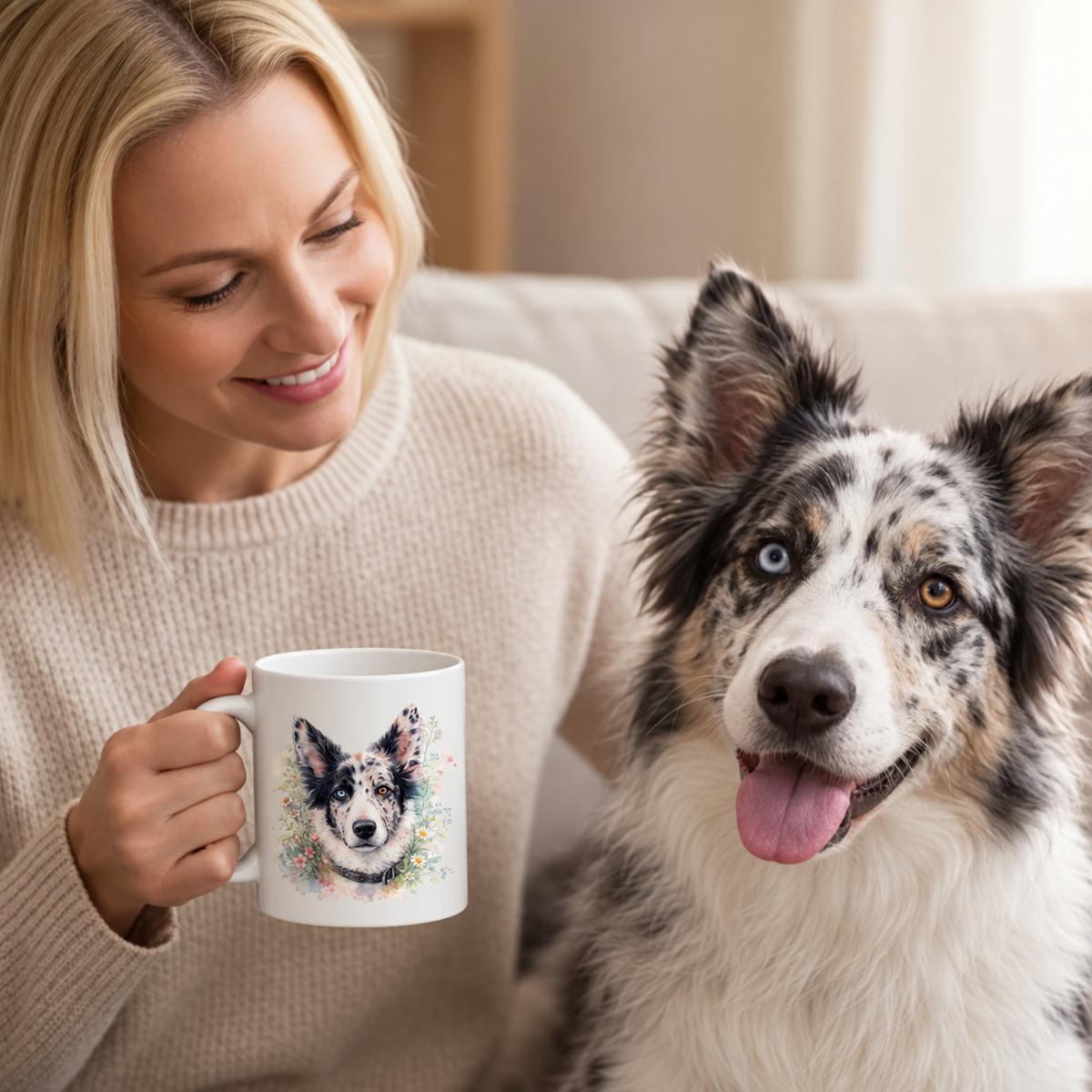 Person mit personalisierter Aquarell-Tasse und Hund auf Sofa. Tasse zeigt Hundemotiv.