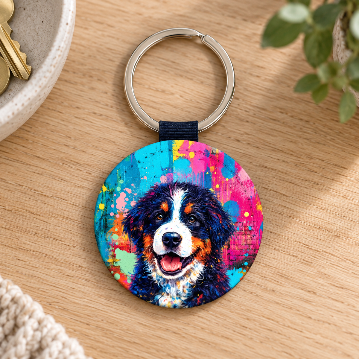 Runder Schlüsselanhänger mit farbenfrohem Hundemotiv und Streetart-Design.