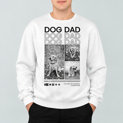 Weißes Sweatshirt mit dem Schriftzug "DOG DAD" und drei schwarz-weißen Bildern von einem Hund.