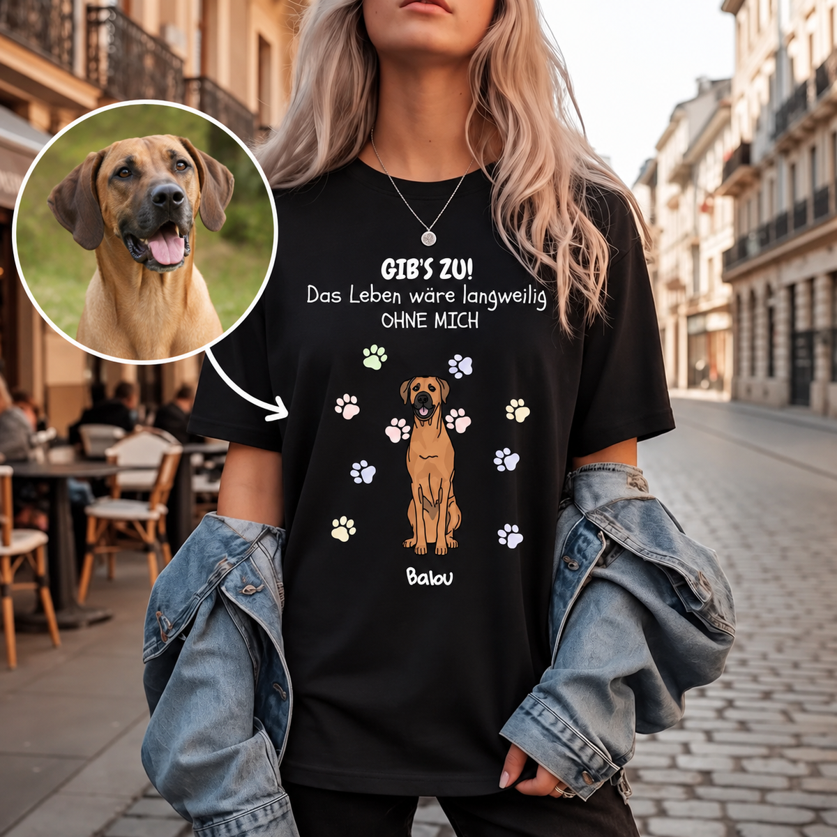 Schwarzes T-Shirt mit Stickerei eines Hundes und Text "Das Leben wäre langweilig ohne mich".