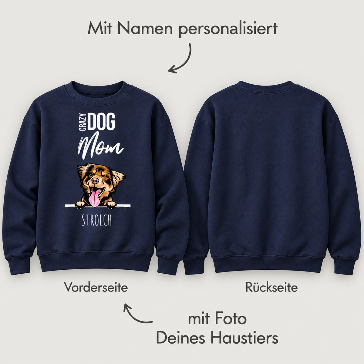 Dunkelblaues Sweatshirt für Haustiereltern mit Hundemotiv und personalisierbarem Namen.