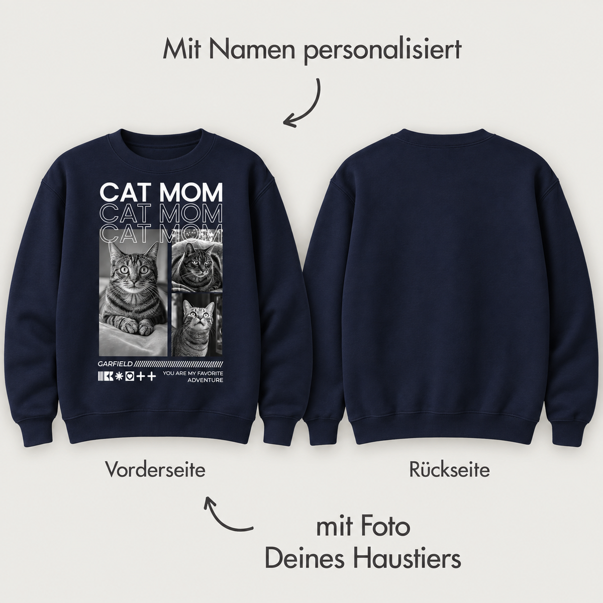 Dunkelblaues Sweatshirt mit personalisierbarem Aufdruck "Cat Mom" und Katzenmotiven auf der Vorderseite.