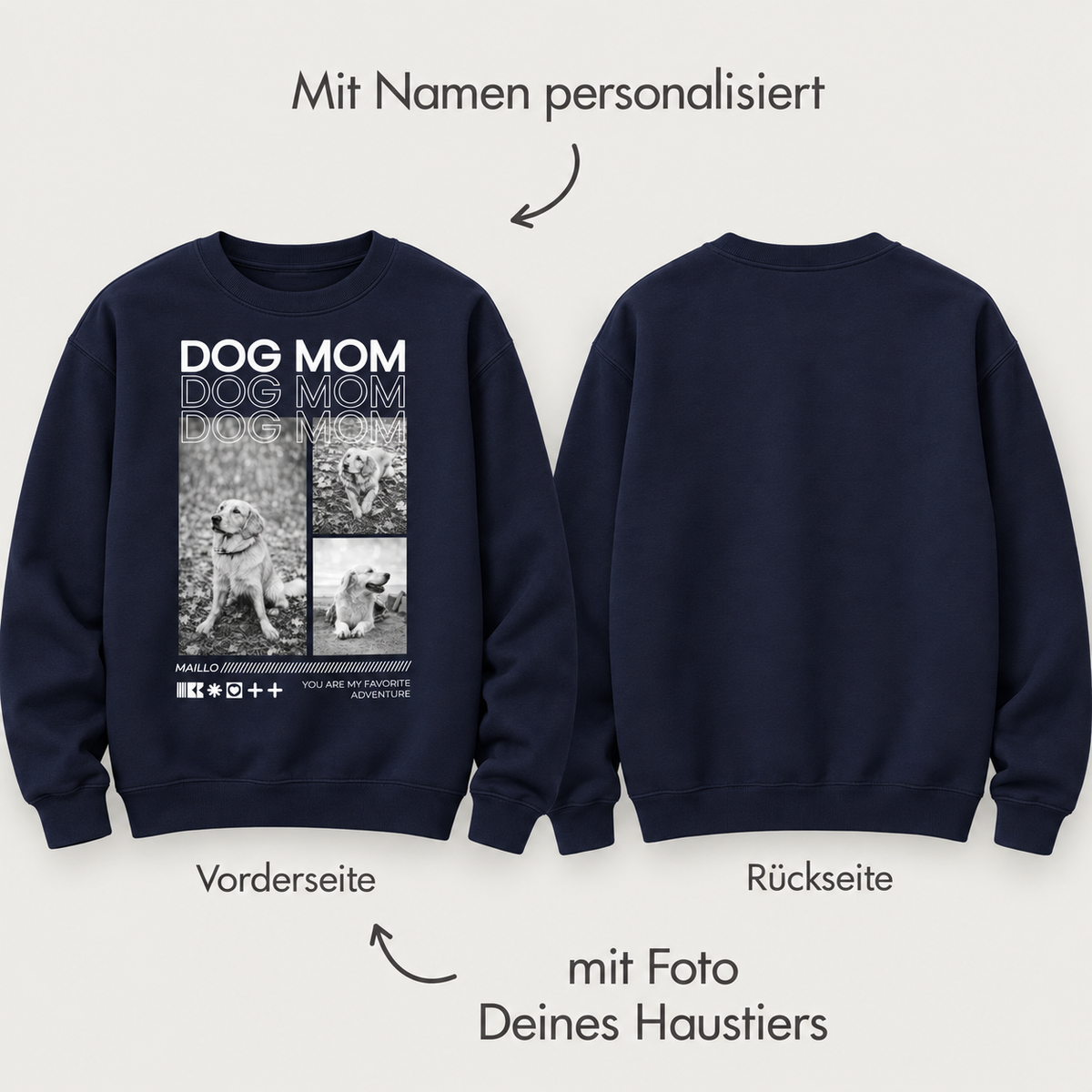 Dunkelblaues Sweatshirt mit dem Schriftzug "DOG MOM" und Platz für ein personalisiertes Foto auf der Rückseite.