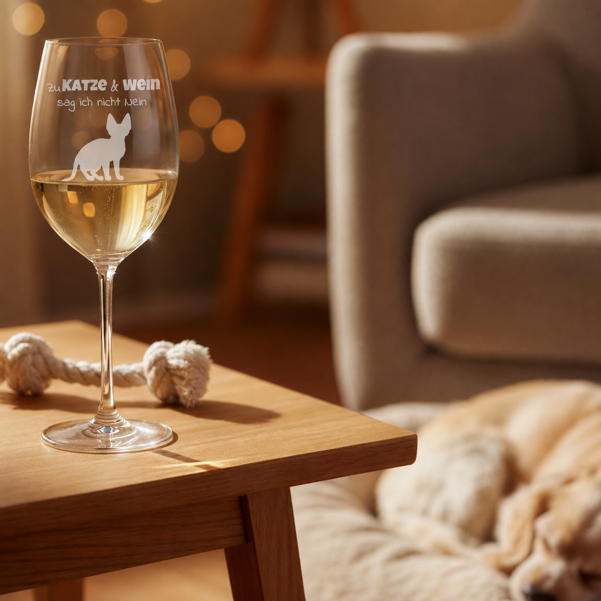 Personalisierter Weinglas mit Katzenmotiv und Schriftzug auf einem Holztisch mit einem Hund im Hintergrund.