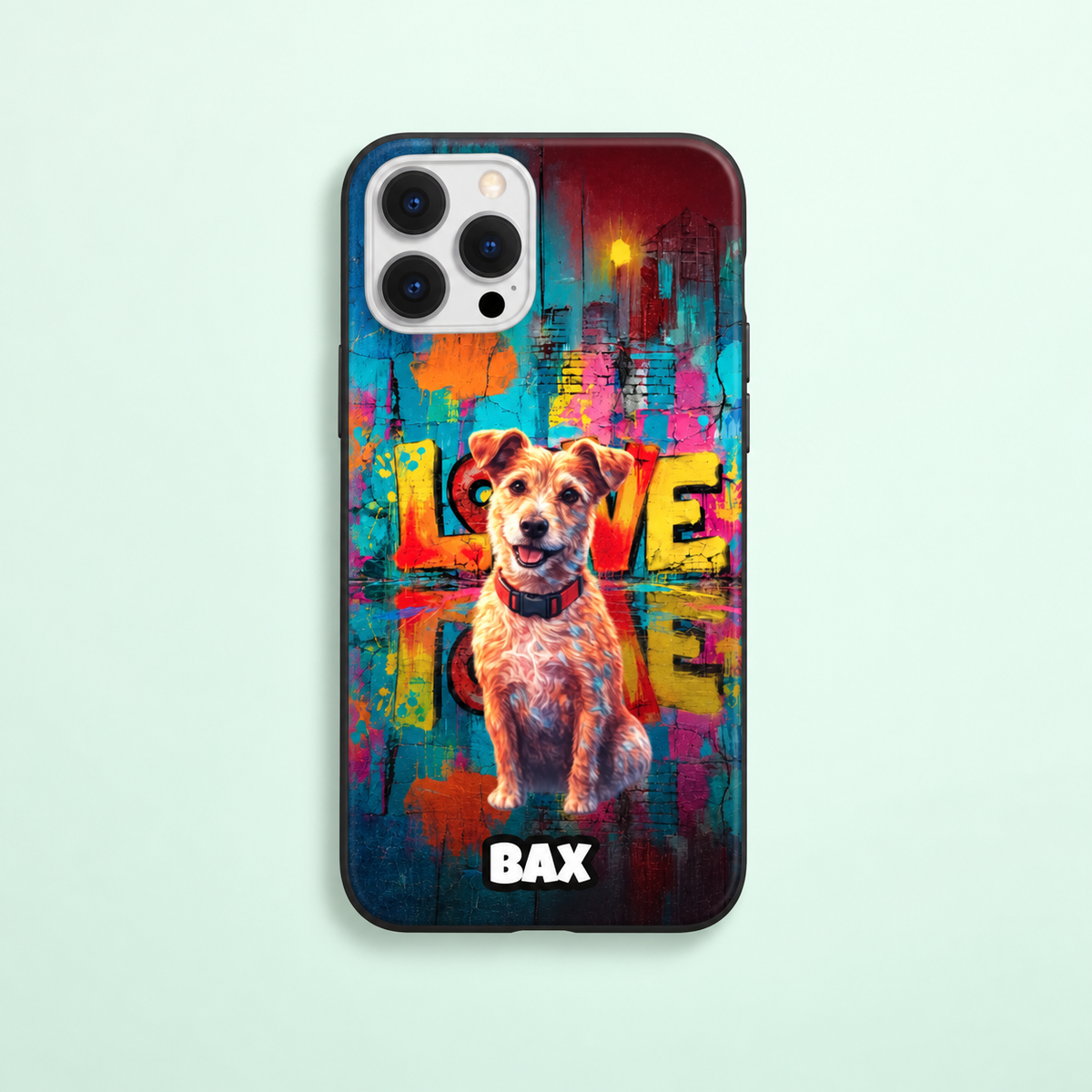 Personalisierte Handyhülle mit einem Hundemotiv und bunten Streetart-Elementen in den Farben Blau, Gelb und Rosa.