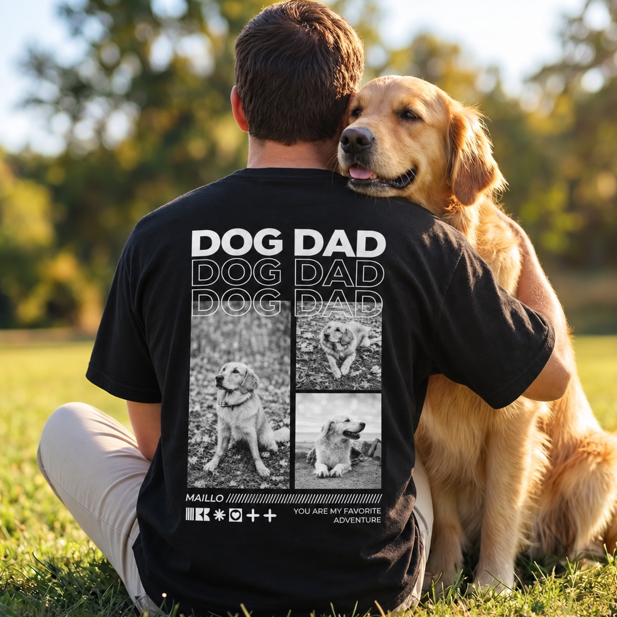 Schwarzes T-Shirt mit dem Aufdruck "DOG DAD" und Fotocollage von Hunden auf dem Rücken.