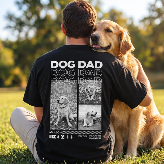 Schwarzes T-Shirt mit dem Aufdruck "DOG DAD" und Fotocollage von Hunden auf dem Rücken.