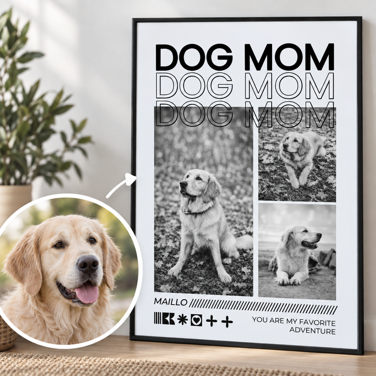Personalisiertes Poster mit dem Schriftzug "DOG MOM" und Fotos eines Golden Retrievers. Rahmen in schwarz.