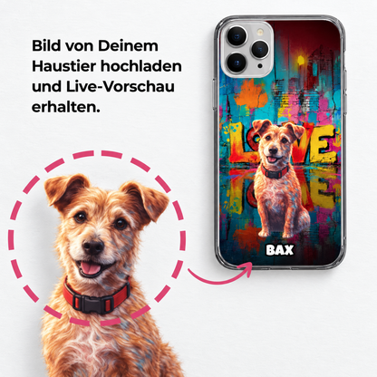 Personalisierte Handyhülle mit Streetart-Design und abgebildetem Hund. Klarsichtige Rückseite.