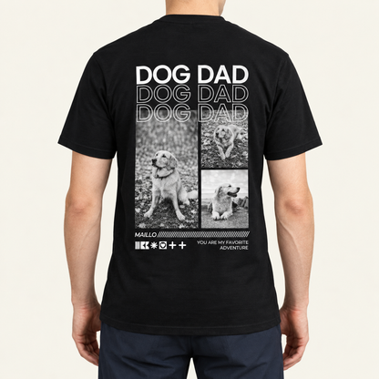 Schwarzes T-Shirt mit Druck "DOG DAD" und Fotos von Hunden auf dem Rücken. Baumwollmaterial, lässige Passform.
