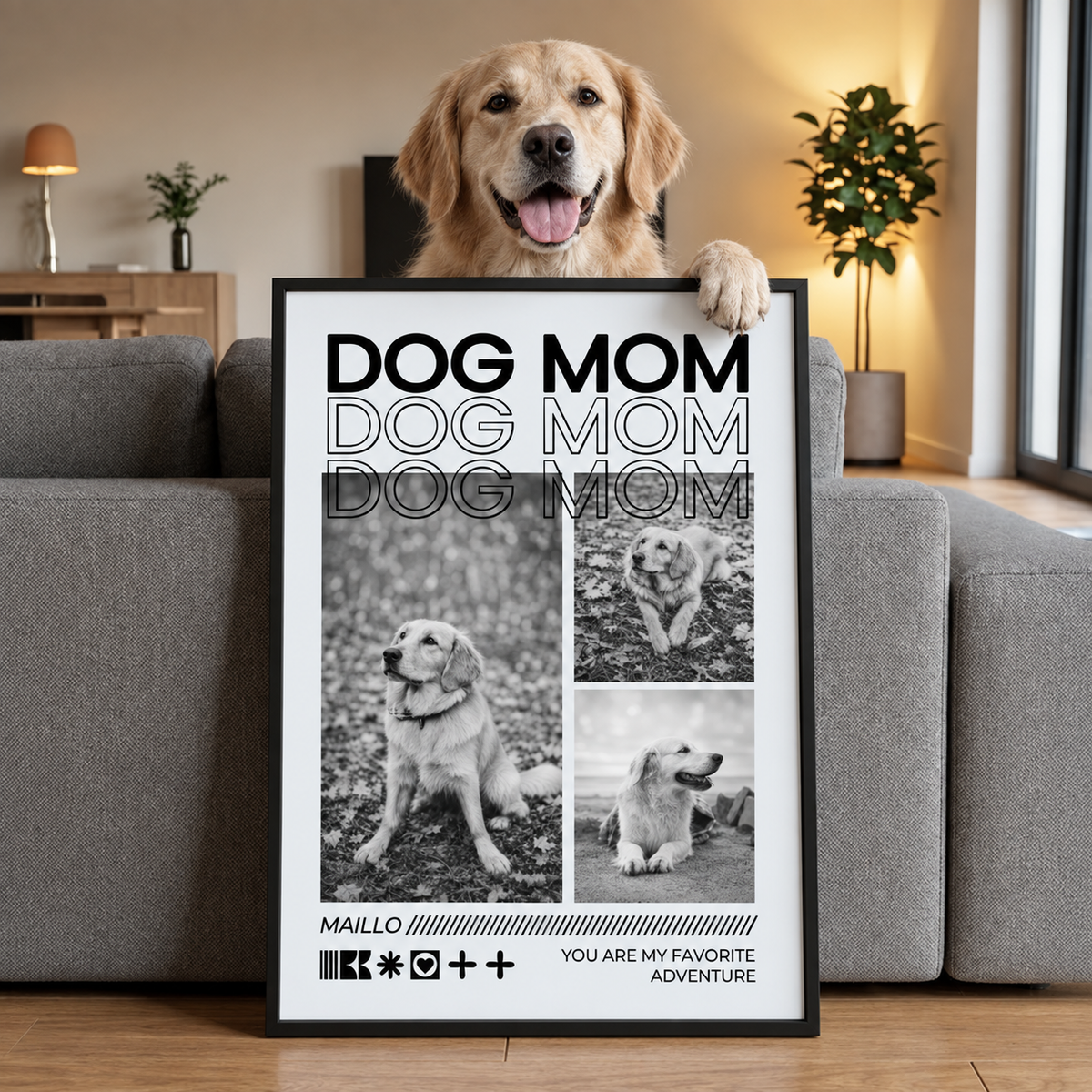 Personalisierte Poster mit dem Text "DOG MOM" und Bildern von Hunden in einem modernen Rahmen.