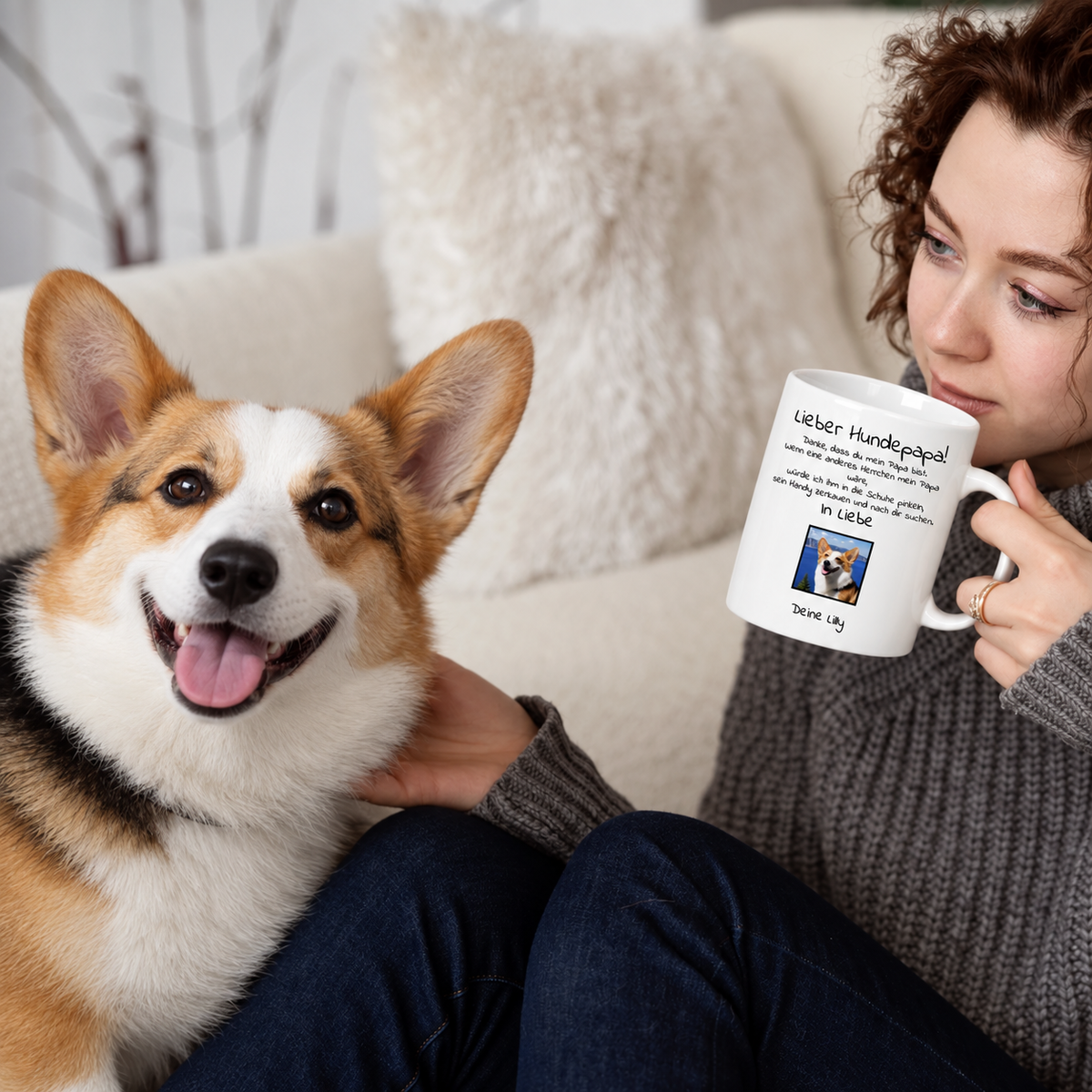 Person trinkt aus weißer Tasse mit "Lieber Hundepapa"-Aufdruck, koranischer Hund sitzt neben ihr.