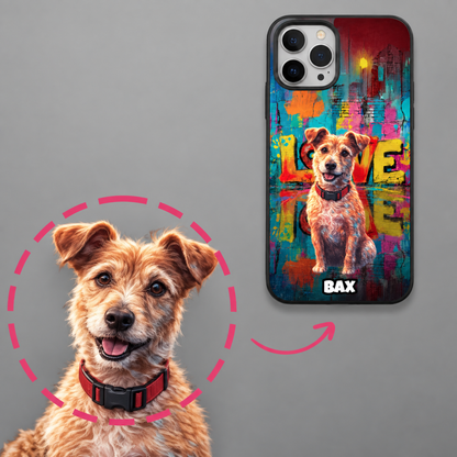 Personalisierte Handyhülle mit Streetart-Design und Hundemotiv in bunten Farben.