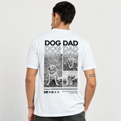 Weißes T-Shirt mit Aufdruck "DOG DAD" und drei Bildern von Hunden auf der Rückseite.
