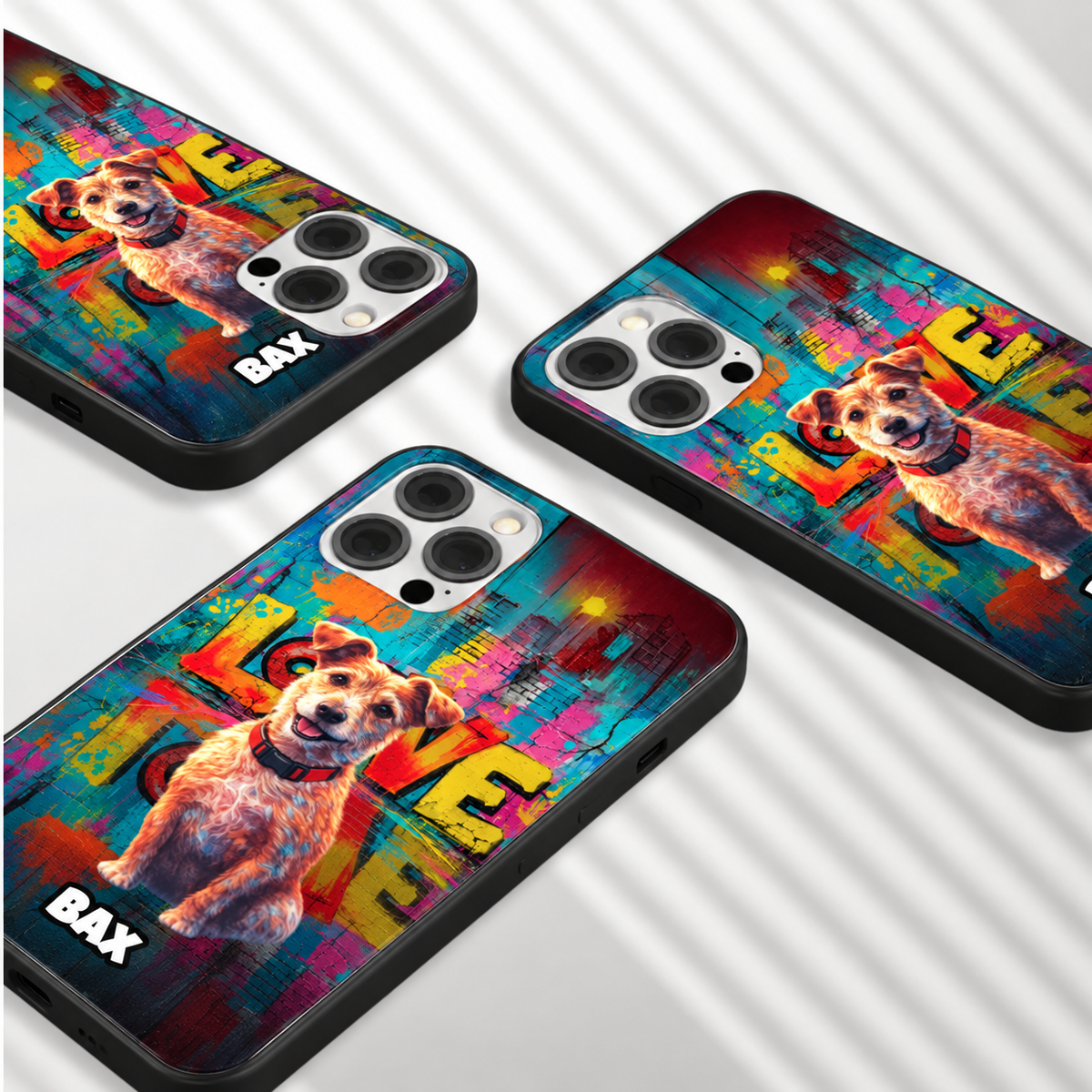 Personalisierte Handyhüllen in schwarz mit buntem Streetart-Design und Hundemotiv.