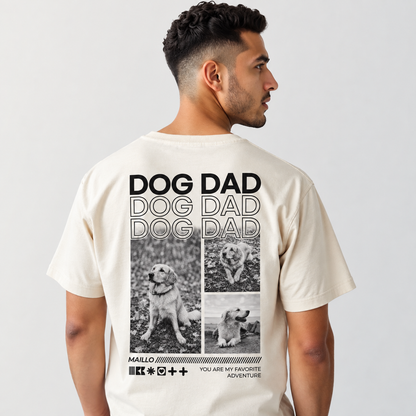 Beige T-Shirt mit "DOG DAD"-Grafik und schwarzen Fotos von Hunden auf der Rückseite.