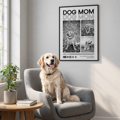 Personalisiertes Poster mit dem Text "DOG MOM" in schwarz und Bildern eines Hundes, eingerahmt. Hund sitzt auf einem grauen Sessel.