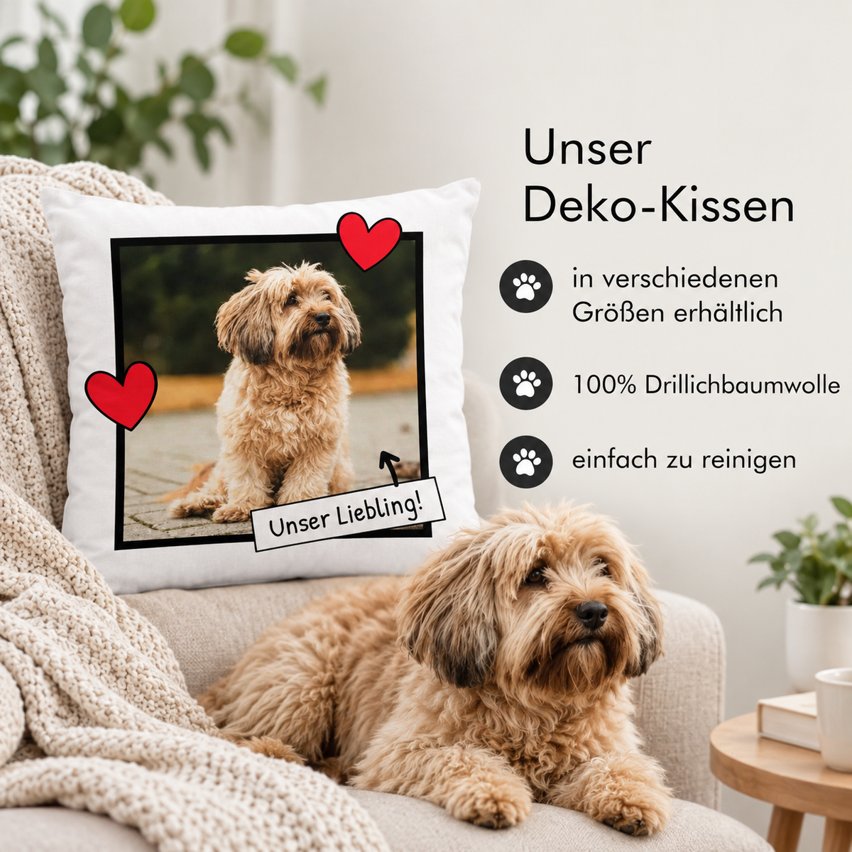 Personalisiertes Kissen mit Foto und Herzchen, Bezug aus 100 % Drillichbaumwolle, pflegeleicht.