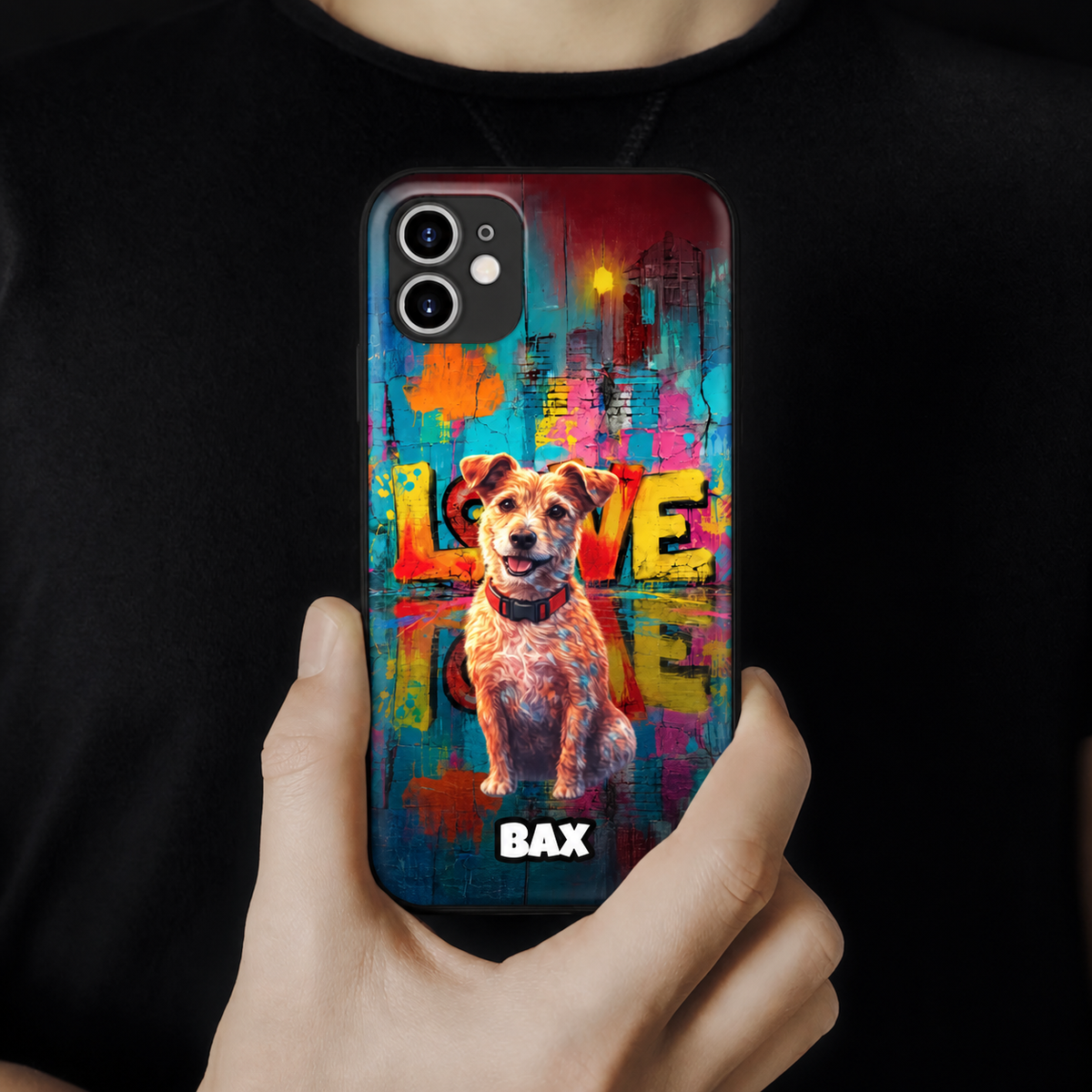 Personalisierte Handyhülle mit Hundeillustration und buntem Streetart-Design.
