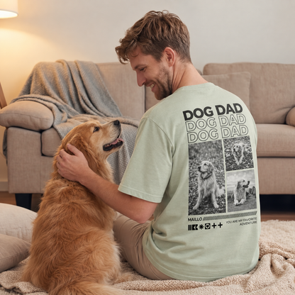 Hellgrünes T-Shirt mit Aufdruck "Dog Dad" und Hundemotiven, getragen von einem Mann, sitzt auf dem Boden.
