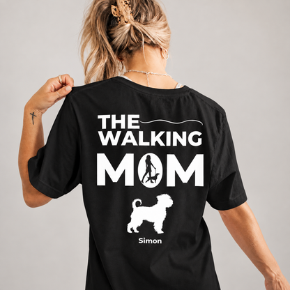 Schwarzes T-Shirt mit Aufdruck "THE WALKING MOM" und Hundesilhouette auf dem Rücken.