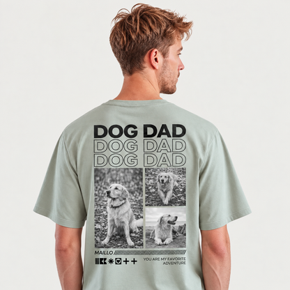 Grünes T-Shirt für Herren mit "Dog Dad"-Aufdruck und Bildern von einem Hund auf der Rückseite.