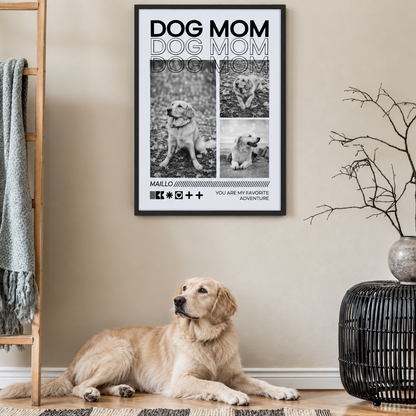 Personalisiertes Poster mit dem Text "DOG MOM" und Foto eines Hundes in einem gerahmten Design. Hund liegt im Raum.