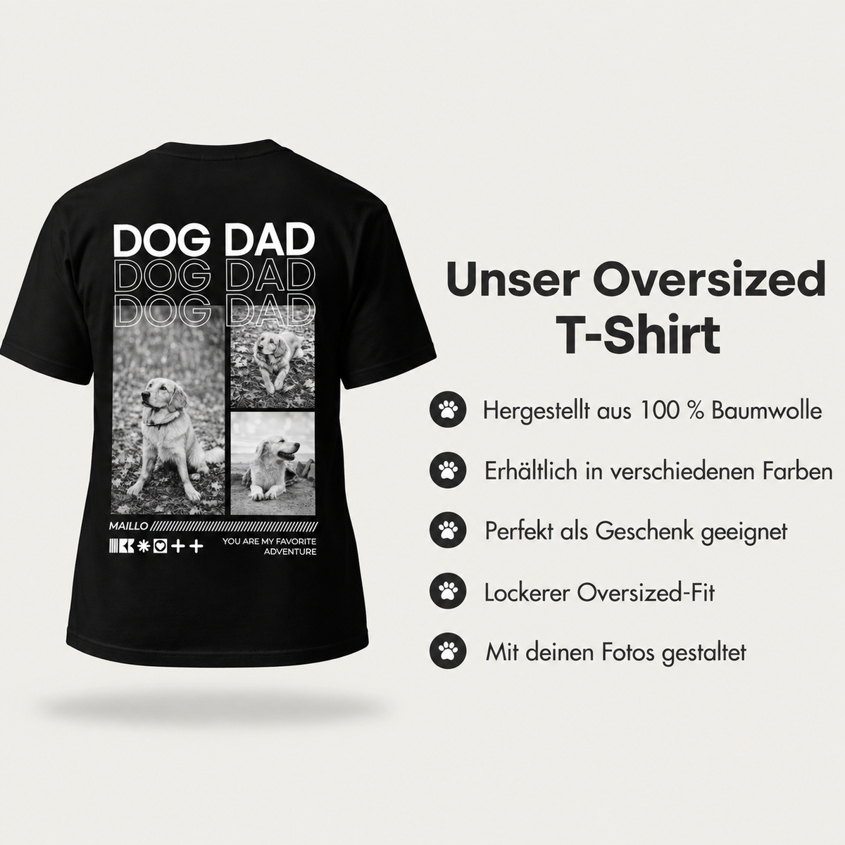 Schwarzes T-Shirt aus 100% Baumwolle mit "Dog Dad"-Motiv und mehreren Fotos von Hunden. Oversized-Fit.