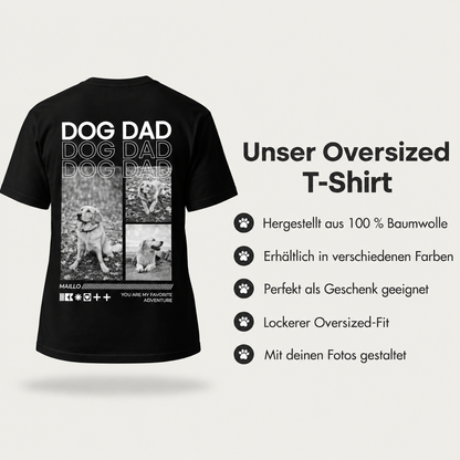 Schwarzes T-Shirt aus 100% Baumwolle mit "Dog Dad"-Motiv und mehreren Fotos von Hunden. Oversized-Fit.