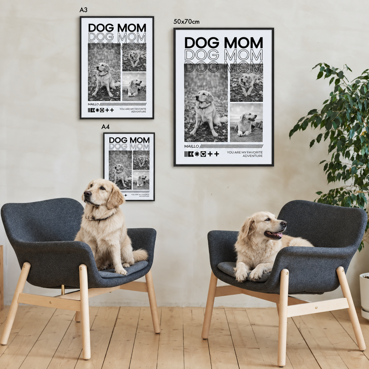 Personalisiertes Poster "Dog Mom" in Schwarz-Weiß, zwei verschiedene Größen und Stile an der Wand, Hunde auf Stühlen.