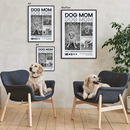 Personalisiertes Poster "Dog Mom" in Schwarz-Weiß, zwei verschiedene Größen und Stile an der Wand, Hunde auf Stühlen.