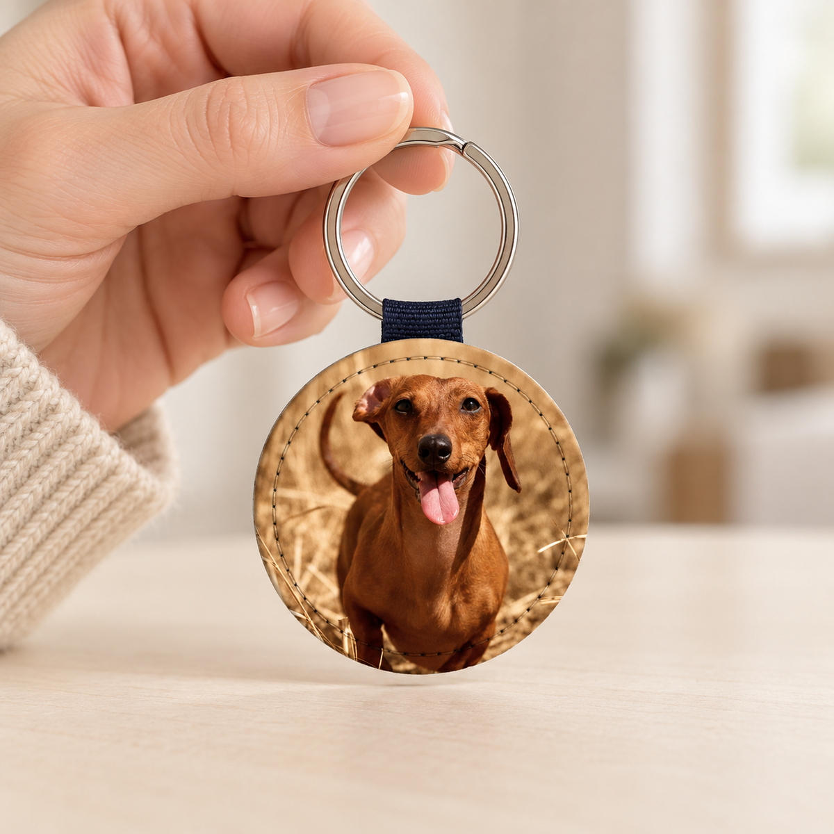 Personalisierter Schlüsselanhänger mit rundem Anhänger und Foto eines Hundes, silberner Schlüsselring.