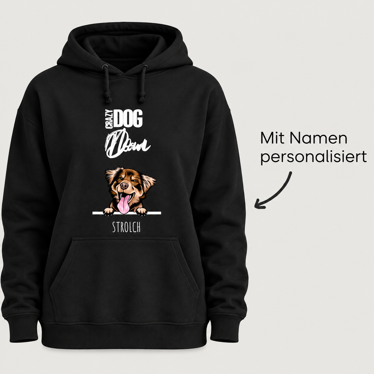 Schwarzer Hoodie mit Hundemotiv und personalisierbarem Namen, geeignet für Haustiereltern.