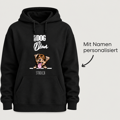 Schwarzer Hoodie mit Hundemotiv und personalisierbarem Namen, geeignet für Haustiereltern.