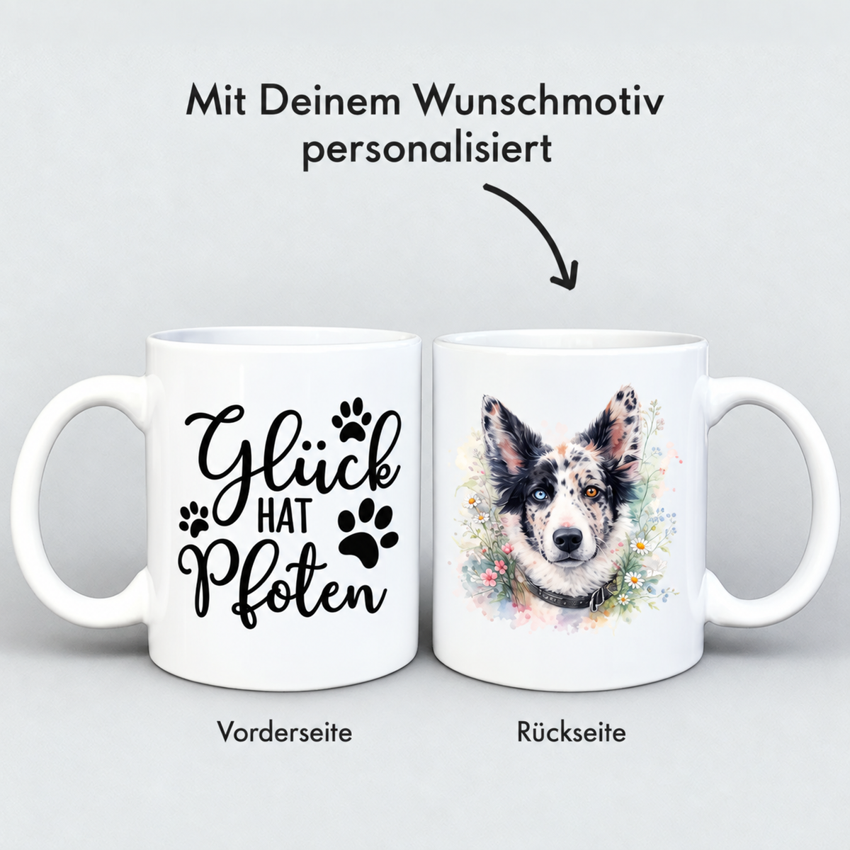 Personalisierte, weiße Tasse mit Aquarellmotiv eines Hundes und dem Schriftzug "Glück hat Pfoten".