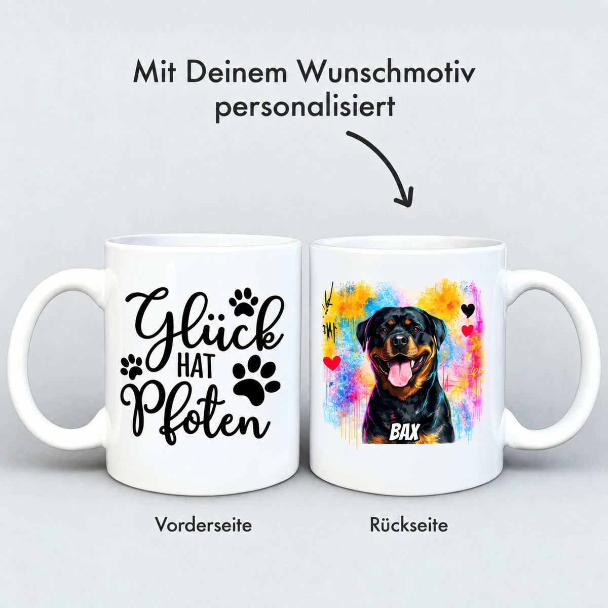 Personalisierte Tasse mit Graffiti-Design, Vorderseite mit Text, Rückseite mit Hundemotiv in bunten Farben.