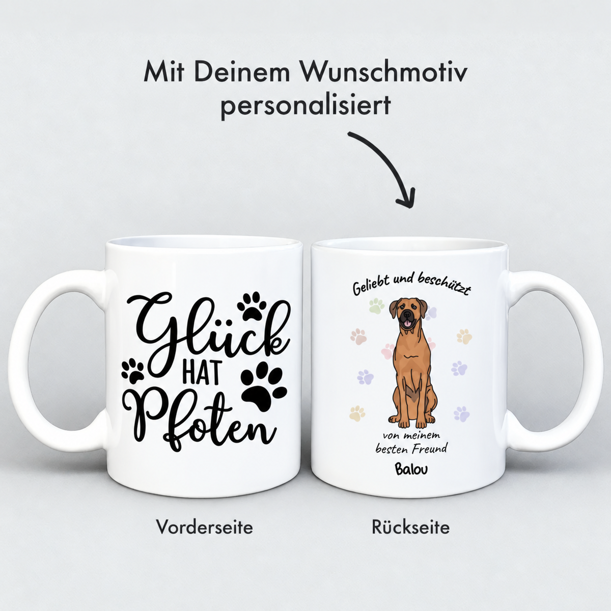 Personalisierte Tasse mit den Aufschriften "Glück hat Pfoten" und "Geliebt und beschützt", weißes Keramikmaterial.