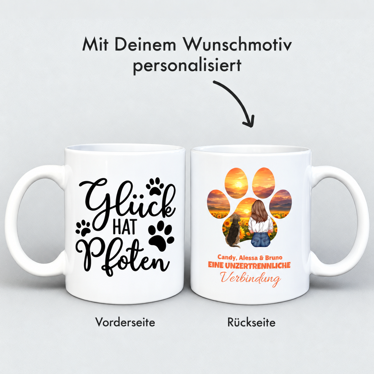 Personalisierte weiße Tasse mit schwarzer Schrift und Pfotenmotiv auf der Vorderseite, grafikseitig mit Sonnenuntergangsbild.
