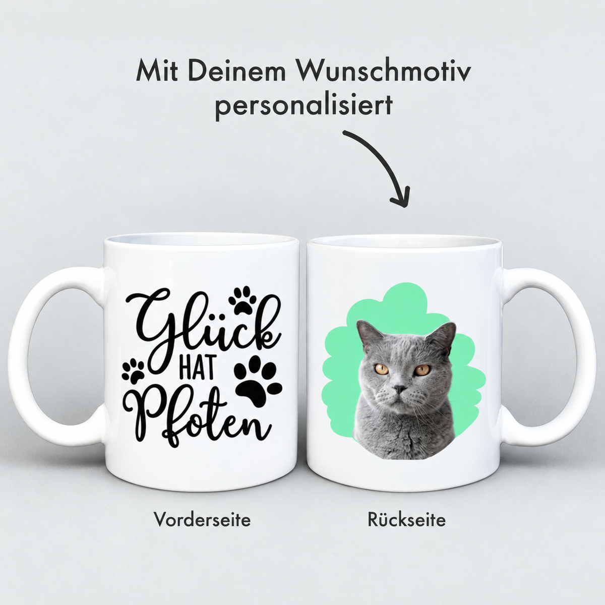 Personalisierte weiße Tasse mit Katzenportrait und Aufschrift „Glück hat Pfoten“.