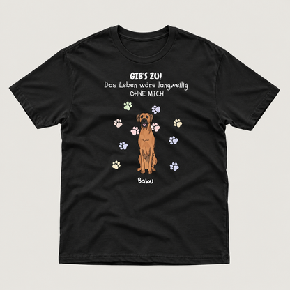 Schwarzes T-Shirt mit Hundemotiv und Text, personalisiert mit dem Namen "Balu".