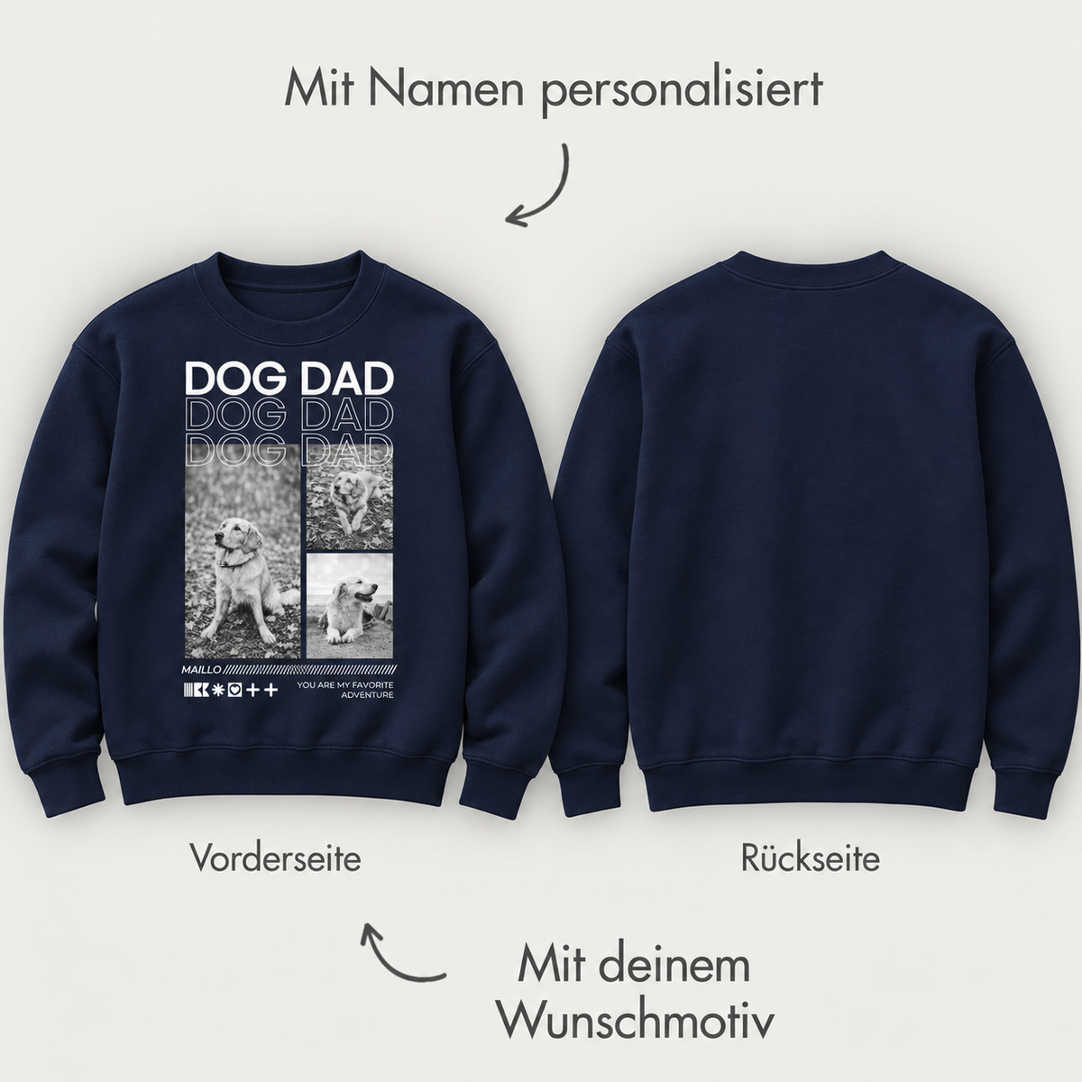 Dunkelblaues Sweatshirt mit Aufdruck "DOG DAD" und Platz für Personalisierung auf Vorder- und Rückseite.