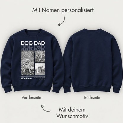 Dunkelblaues Sweatshirt mit Aufdruck "DOG DAD" und Platz für Personalisierung auf Vorder- und Rückseite.