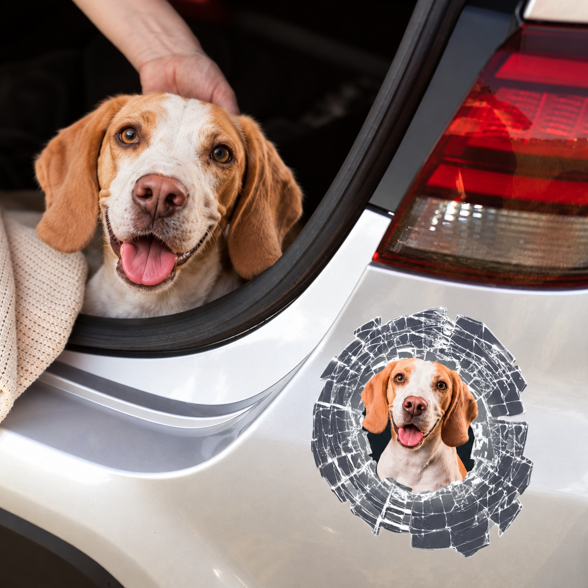 Personalisierter Autoaufkleber mit Hundemotiv auf silbernem Autofenster. Aufkleber zeigt Hund mit fröhlichem Gesicht.