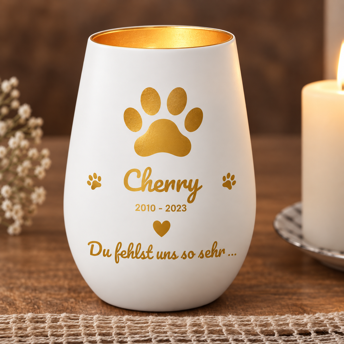 Personalisiertes Trauerlicht in Weiß mit goldener Schrift und Pfoten-Motiv, für individuelle Gedenkzwecke.