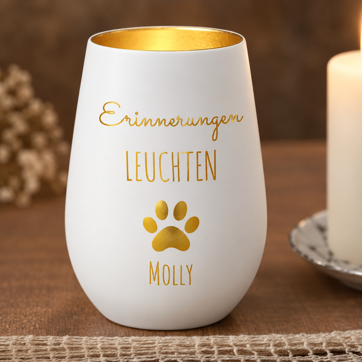 Personalisiertes Trauerlicht aus weißem Material mit goldener Schrift und Pfotenabdruck, beschriftet mit "Molly".